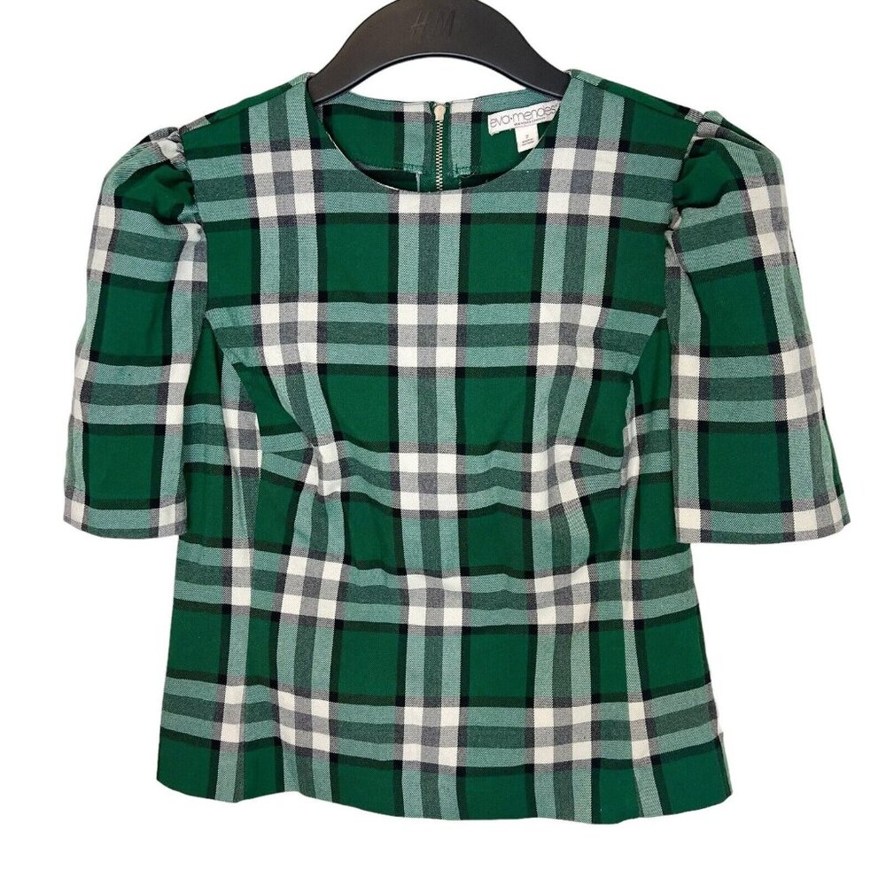 Eva Mendes Blouse Size 2 Green‎ Plaid Puff Short Sleeve Popover Top Extra Small